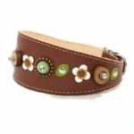 Left‑side view of the handmade “Sunflower Dream” greyhound collar in brown leather, featuring a large yellow sunflower with a warm, natural finish. The curved shape suits a Greyhound, and brings the same sunny, gentle style to Whippets and Silken Windsprites.