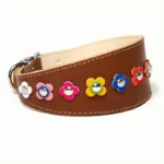 Right‑side view of the artisanal “Vintage Bloom Fiesta” leather greyhound collar, showing delicately placed vintage floral flowers on rich brown leather with refined stitching. The tapered shape fits the slender neck of a Whippet, and offers the same warm, vintage‑inspired elegance to Golden Retrievers and Border Collies.