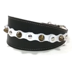 Vista del lado izquierdo del collar de galgo de cuero negro “Pure Chic” con accesorios blancos, pinchos redondeados color latón y tachuelas planas plateadas, mostrado en razas elegantes como el Whippet y el Galgo Italiano, junto a perros de cuello sensible como el Teckel, cuyo pelaje liso resalta la pureza del blanco.