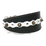 Vista del lado derecho del collar de galgo de cuero negro “Pure Chic” con accesorios blancos, pinchos redondeados color latón y tachuelas planas plateadas, ideal para razas expresivas como el Galgo Español, así como para perros de cuello delicado como el Cavalier King Charles Spaniel y el Beagle, cuya silueta suave crea un contraste elegante con el diseño puro y moderno.