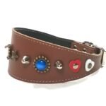 Rood wit blauwe windhond galgo halsband fancy en modieus handgemaakt uit zwart of bruin leer, Design Flag