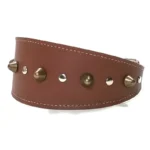 Vista izquierda del collar “Earth Power” de cuero marrón hecho a mano, con pinchos en tonos naturales y tachuelas suaves, mostrado en perros tranquilos como el Galgo Español, el Golden Retriever y el Cocker Spaniel, destacando su carácter cálido y artesanal.