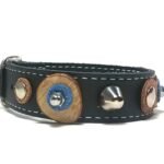 Cool adjustable leather bracelet with buckle with studded jeans colour leather and olive discs, design Cool