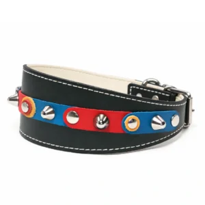 Vista lateral izquierda del collar de galgo de cuero negro “Barça Bold”, con colores deportivos azul‑rojo y un estilo moderno y lujoso. Descrito para mostrar su estética adecuada para razas de cuello sensible como el Teckel, el Cavalier King Charles Spaniel y el Beagle.