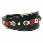 Rechte Seitenansicht des Leder-Windhundhalsbands “Coral Crown” in Schwarz, mit lebhaften roten Korallensteinen in einem modernen, eleganten Design. Geeignet für empfindliche‑Hals‑Rassen wie Shiba Inu, Cocker Spaniel und Beagle.