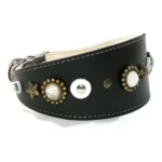 Rechte Seite des schwarzen Leder‑Windhundhalsbands “Moonlight Halo”, geschmückt mit himmlischen Steinen für einen edlen, mondscheinartigen Look. Ideal für Hunde wie Salukis, Windhunde und Sloughis.