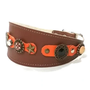 Left‑side view of the brown leather greyhound collar “Amber Pop”, featuring posh stones that create a vibrant, luxurious look. Suitable for Whippets, Greyhounds, and Galgo Españols.