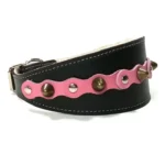 Rechte Ansicht des rosa “Cute Darling” Halsbands mit Nieten und Spikes, passend für lebhafte, liebevolle Hunde mit glattem Fell wie Basenji, Zwergpudel und Spanischer Galgo.