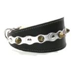 Rechterzijaanzicht van de handgemaakte zwarte “Metallic Edge” halsband met zilverkleurige glanzende leren patches, messing afgeronde spikes en zilverkleurige platte studs, ideaal voor expressieve, zelfverzekerde honden zoals de Galgo Español, Azawakh en Saluki, waarvan warme vachttonen mooi contrasteren met de luxe metallic details.