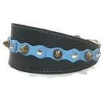 Left‑side view of the baby‑blue “Ocean Breeze” greyhound collar, made from premium leather with a soft padded inner layer. The extra‑wide front protects long, delicate necks, while the tapered back and adjustable buckle keep the collar stable and comfortable. A secure fit for breeds like the Whippet, Italian Greyhound, and Cirneco dell’Etna.
