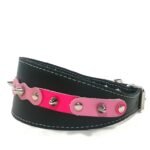 Roze pink studded windhond galgo halsband fancy en schattig met elegante spikes handgemaakt uit bruin of zwart leer, design Linda