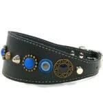 Luxe windhond galgo halsband in blauw zwart of bruin leer met originele sierlijke blauw gekleurde ornamenten, design Mar