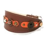 Luxus Windhund Galgo Halsband in orange braun oder schwarz Leder mit eleganten Ornamenten, Design Orange