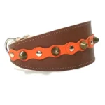 Rechte Ansicht des orangefarbenen “Fiery Fancy” Halsbands mit abgerundeten Spikes und feiner Handarbeit, ideal für sensible, lebhafte Windhunde wie den Italienischen Windhund, Basenji und Azawakh.