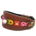 Handgefertigtes Leder Vintage Windhund Galgo Halsband bunt und farbig mit Leder Blumen und Herzen, Design Vintage