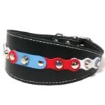 Original collar para galgos hecho a mano en cuero rojo blanco y azul con elegantes tachuelas, Diseño Windy