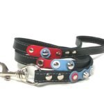 Correa para perro rojo blanco y azul de moda hecho a mano de cuero negro o marron, diseño Windy