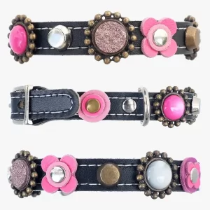 Alle Seiten vom Süßen Katzenhalsband mit Sicherheitsverschluss, mit Luxus Rosa, Fuchsia und Lila-Violett Farbe Steinen und Blumen.